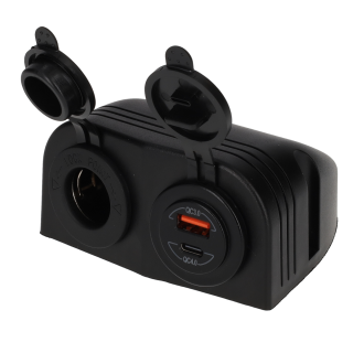 Power Line Contactdoos 12V + USB-A + USB-C Lader Opbouw Zwart